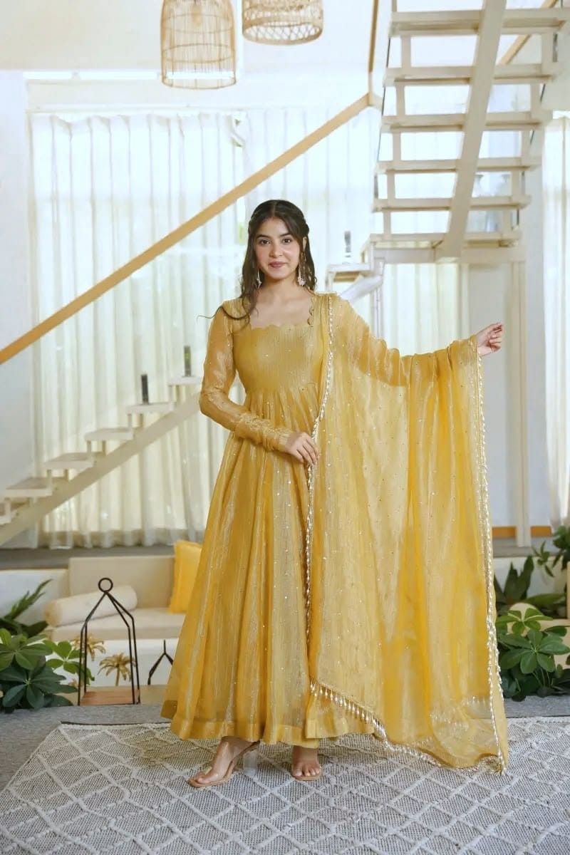 Mustard Gold Foil Work Salsa Silk Straight Salwar Set
